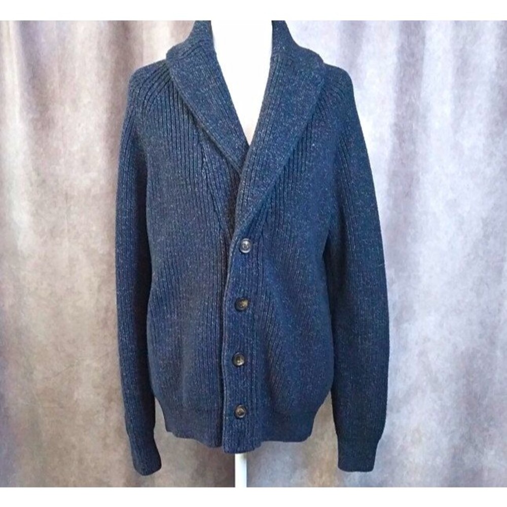 GAP Men's Large Navy Blue Marled Cotton Rib-Knit Shaker Shawl Collar Cardigan